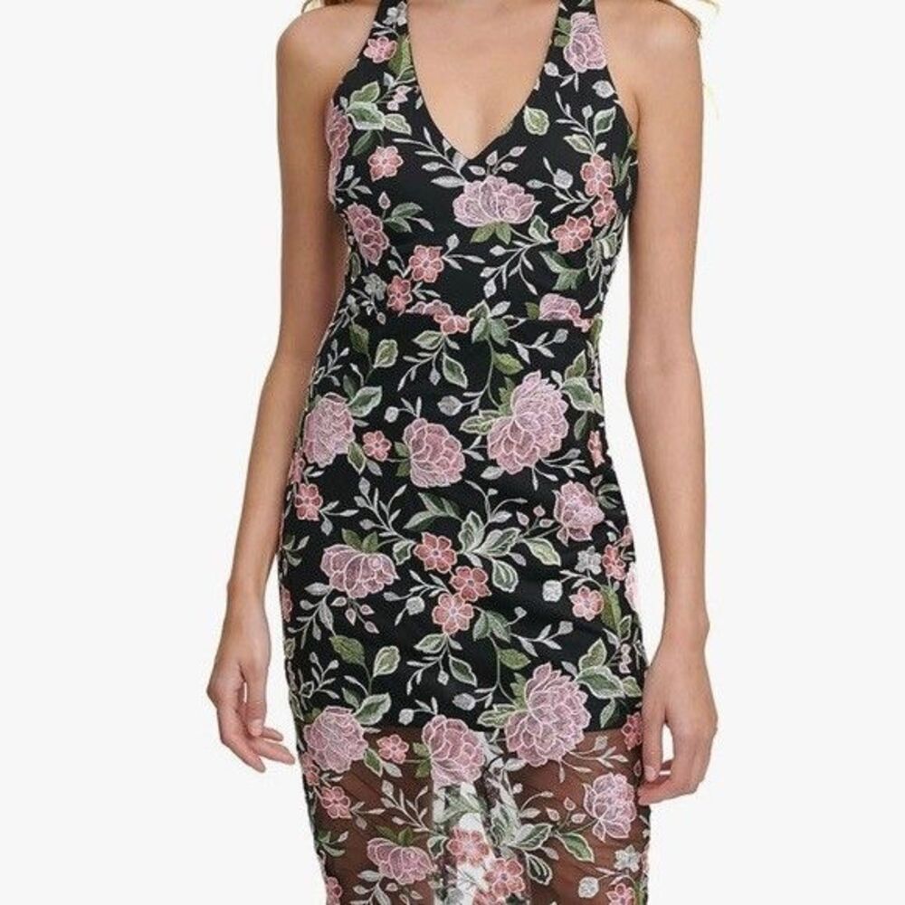 GUESS Women’s Black Floral Embroidered Mesh Sheath Dress | Padded Bust | Size 6 - Picture 14 of 15